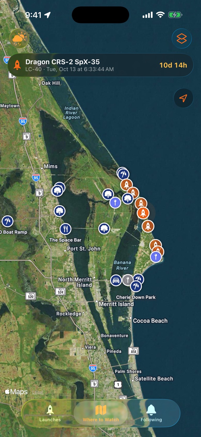 Map of viewing spots and landing zones on the Space Coast